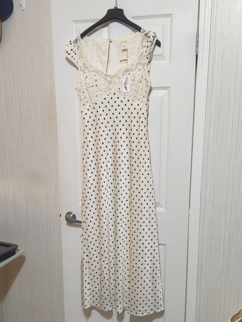 Jessica Simpson Cream Maxi Dress with Black Polka Dots and Lace